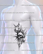 Gothic skull tattoo shown on a man’s side torso with dark neotribal shapes, blade-like spikes, dotted black ink texture, rings, and irregular vertical extensions