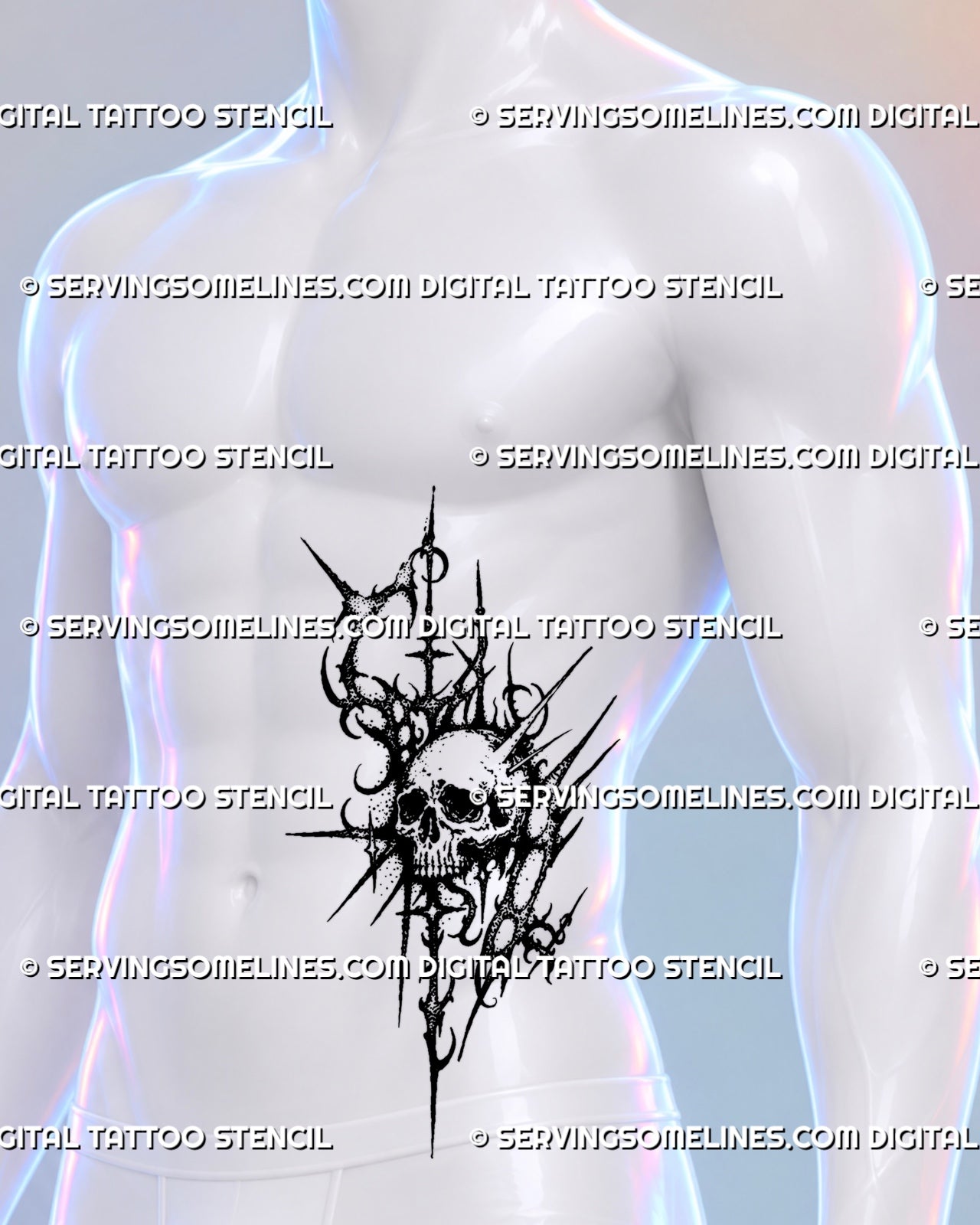 Gothic skull tattoo shown on a man’s side torso with dark neotribal shapes, blade-like spikes, dotted black ink texture, rings, and irregular vertical extensions