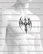 Gothic skull wing cross tattoo stencil shown on men’s chest center, with dark wings, skull focus, and strong vertical cross shape