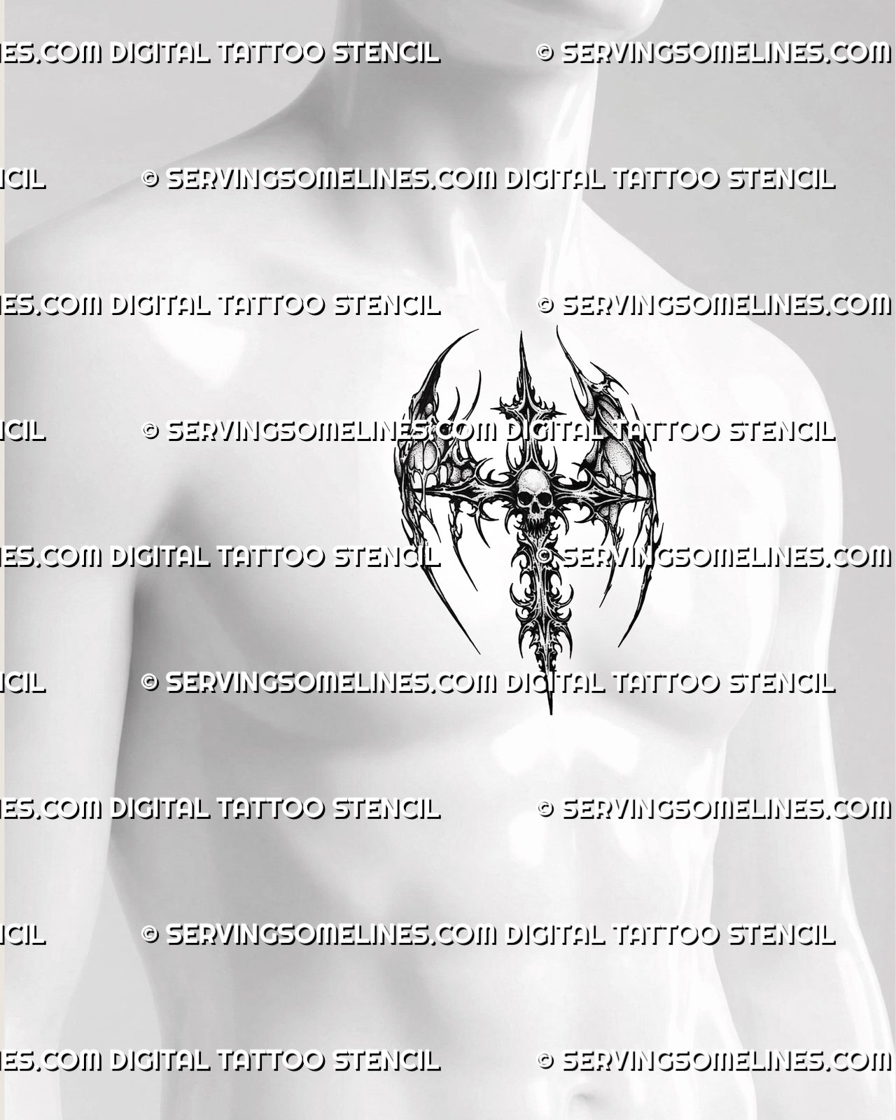 Gothic skull wing cross tattoo stencil shown on men’s chest center, with dark wings, skull focus, and strong vertical cross shape