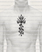 Gothic snake key tattoo shown on chest center placement example, bold serpent coil around key shaft, high contrast lines.