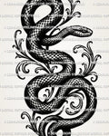 Gothic snake tattoo stencil with dark serpent body, scale texture, scroll detail, and heavy black linework.