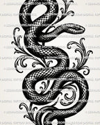 Gothic snake tattoo stencil with dark serpent body, scale texture, scroll detail, and heavy black linework.
