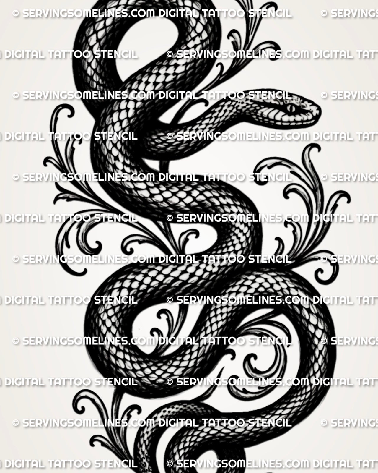Gothic snake tattoo stencil with dark serpent body, scale texture, scroll detail, and heavy black linework.