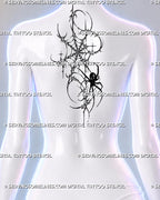 Gothic spider web tattoo shown at the upper-back center with a black spider, asymmetric thorn-like web, cyber sigil points, stars, and open negative space