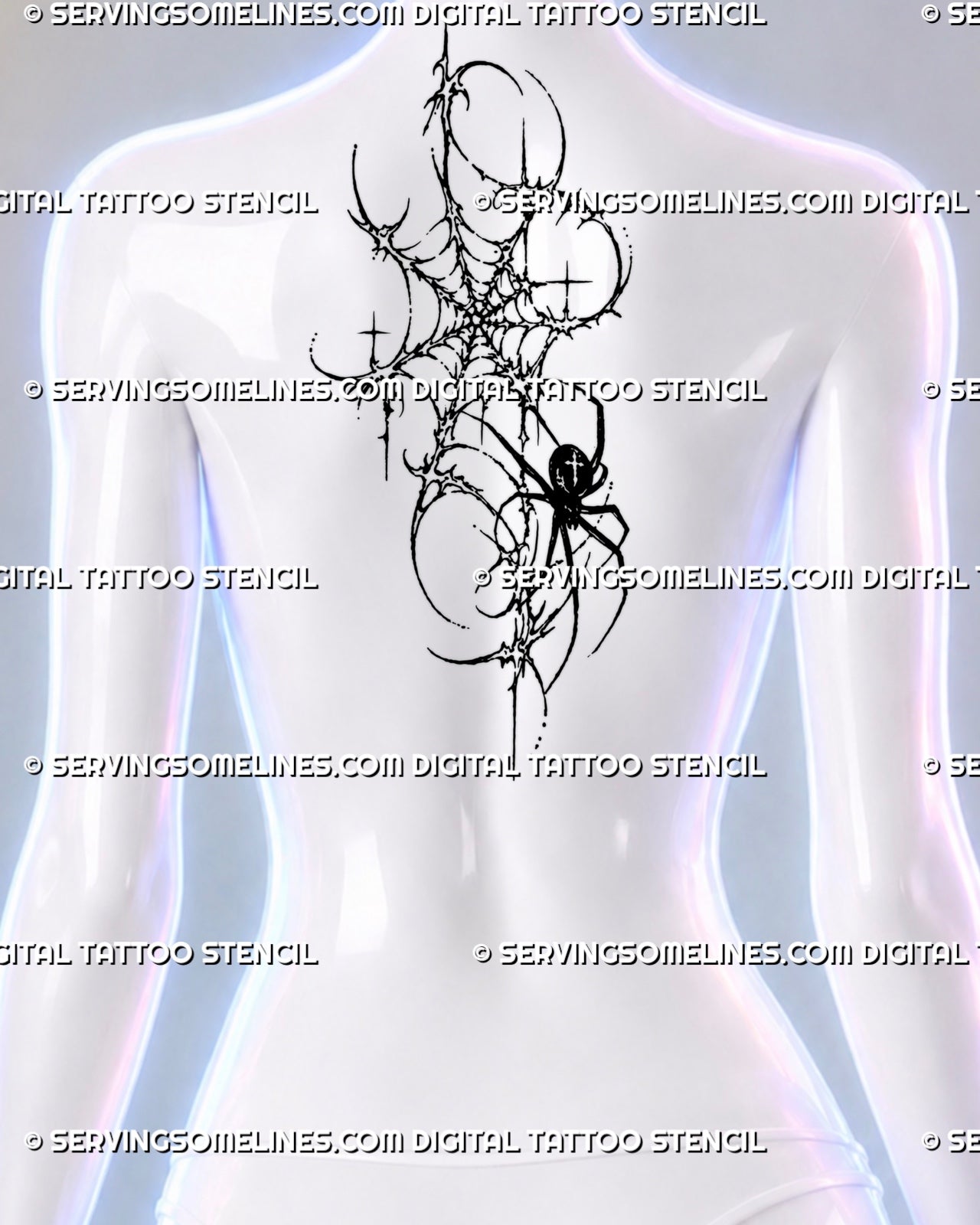 Gothic spider web tattoo shown at the upper-back center with a black spider, asymmetric thorn-like web, cyber sigil points, stars, and open negative space