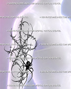 Gothic spider web tattoo shown on a woman’s upper arm with solid black spider, thorn-like cybersigilism web, star accents, and irregular grunge linework