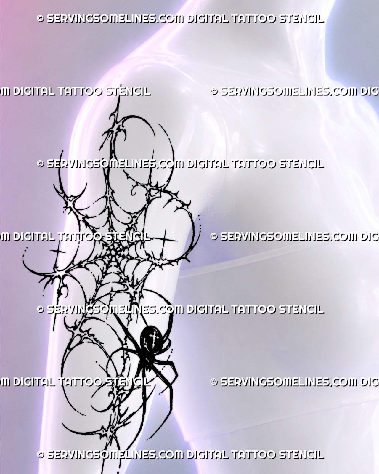 Gothic spider web tattoo shown on a woman’s upper arm with solid black spider, thorn-like cybersigilism web, star accents, and irregular grunge linework