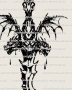 close up view of fantasy spine sword tattoo design with gothic handle and long vertical blade, detailed medieval linework shown in clean stencil format
