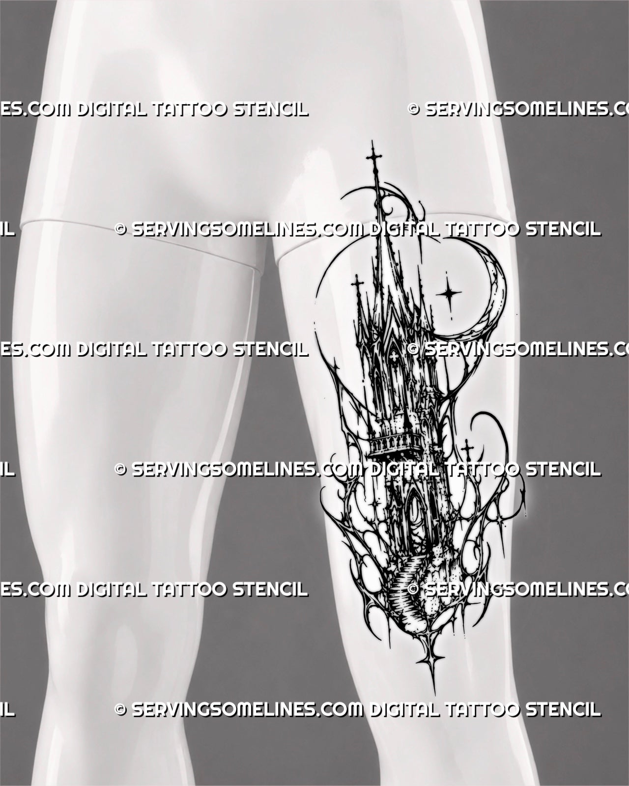 Gothic spire tattoo stencil shown on men’s thigh with cybersigilism tower structure, arched windows, crescent moon accents, and sharp dark fantasy detail