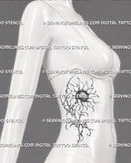 Gothic sunflower tattoo shown on a woman’s side body with a large dark bloom, elongated thorned stem, pointed leaves, and abstract cyber floral details