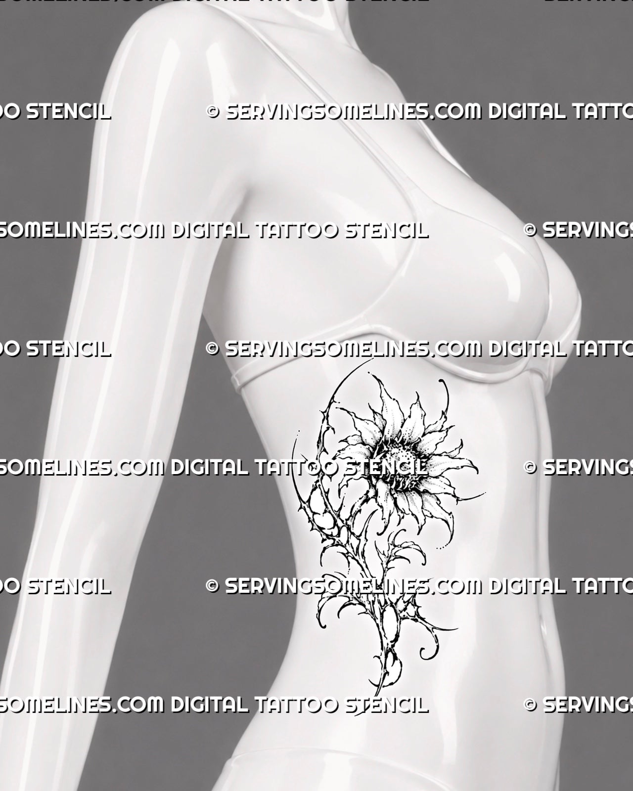 Gothic sunflower tattoo shown on a woman’s side body with a large dark bloom, elongated thorned stem, pointed leaves, and abstract cyber floral details