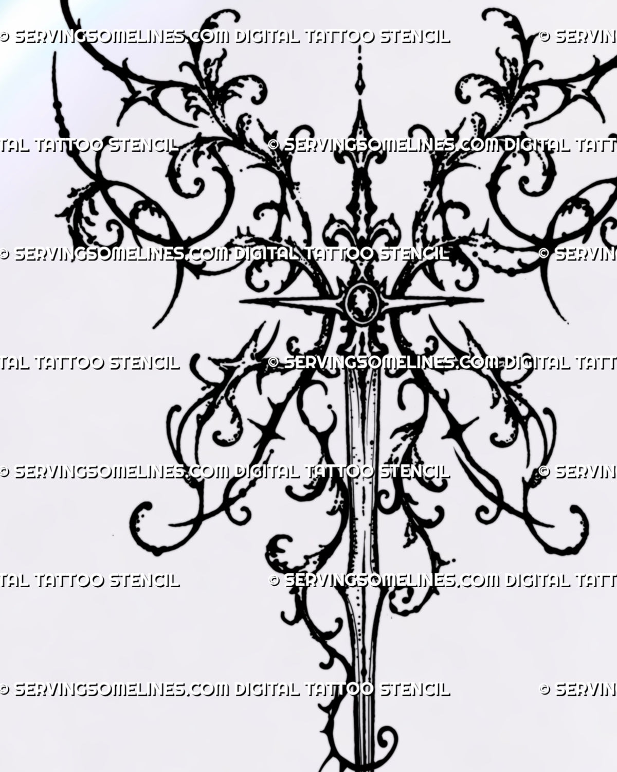 Close-up of the sword’s ornate hilt and oval medallion, framed by curling filigree, four-point stars and sharp leaf-like details.  