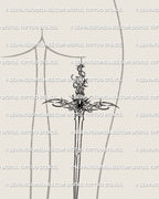 Fantasy sword tattoo on womens thigh showing the gemstone handle, gothic detailing, and elegant vertical placement for leg tattoo ideas. 