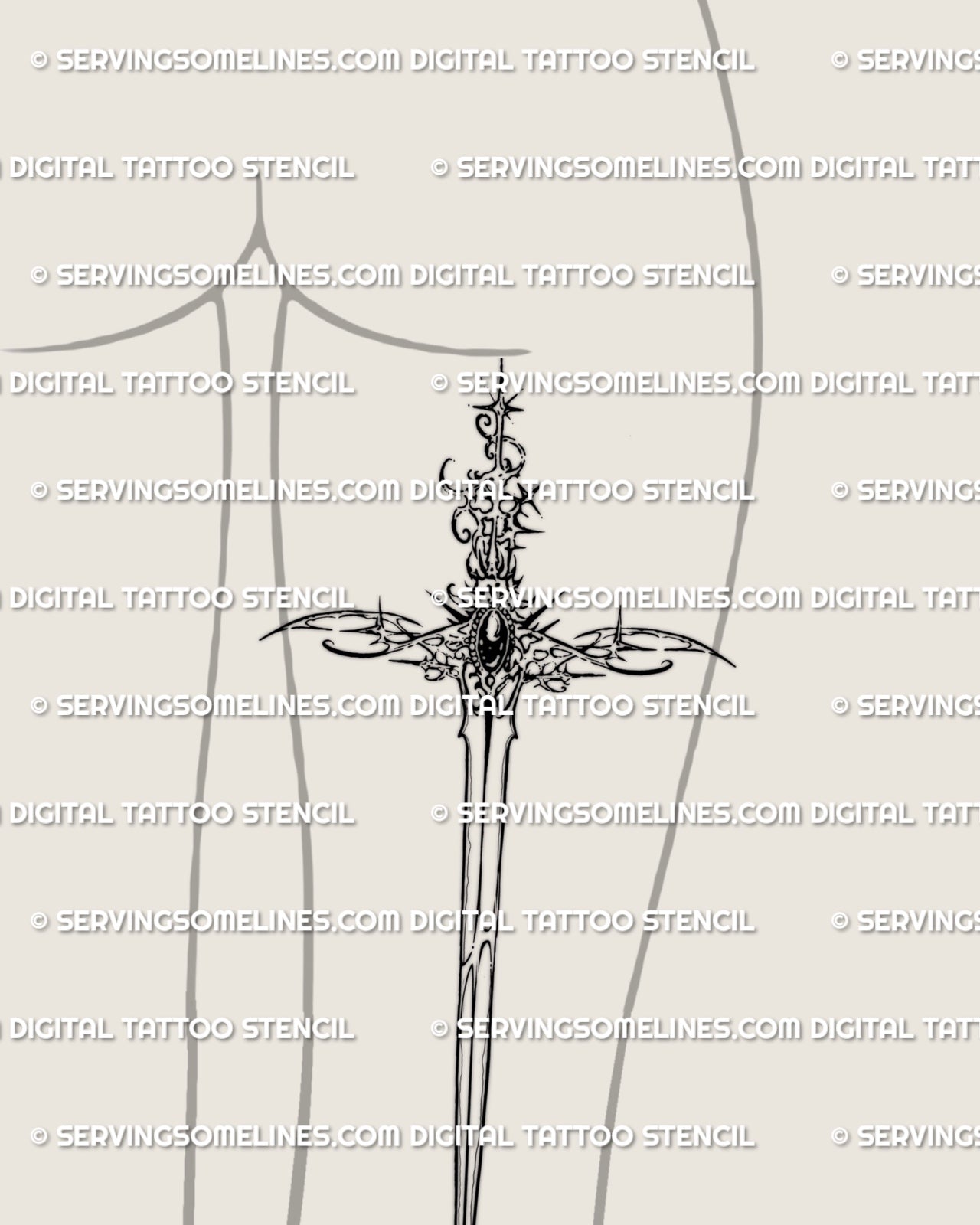 Fantasy sword tattoo on womens thigh showing the gemstone handle, gothic detailing, and elegant vertical placement for leg tattoo ideas. 