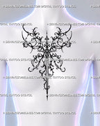 Centered chest and sternum placement on a woman, with mirrored filigree framing the sword’s hilt and a long blade descending beneath it.