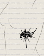 Women’s side ribs tattoo featuring gothic crying eye with tribal third eye design, dark feminine digital stencil, and black line detail.