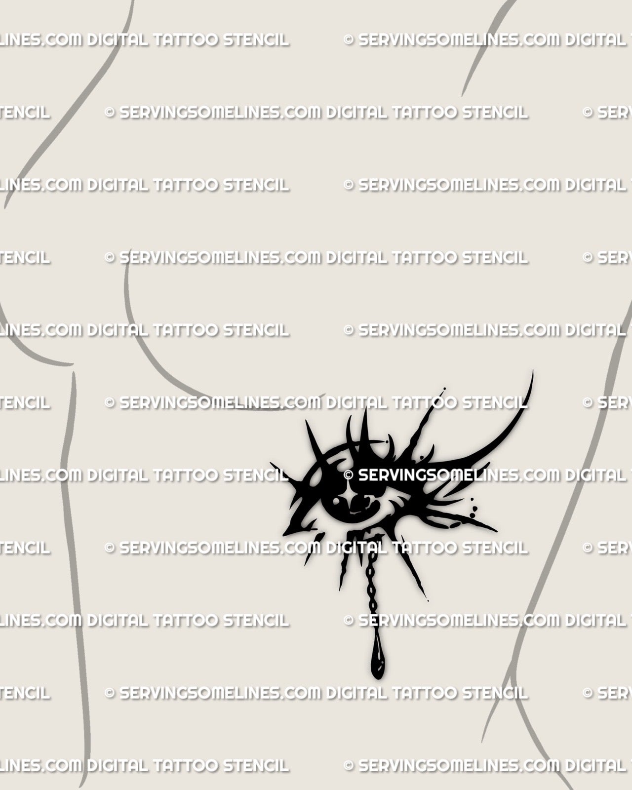 Women’s side ribs tattoo featuring gothic crying eye with tribal third eye design, dark feminine digital stencil, and black line detail.