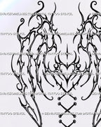 Close-up of gothic thorn wing tattoo details with stacked heart center, branch-like hooked wing curves, pointed tips, and dark feminine ornamental linework