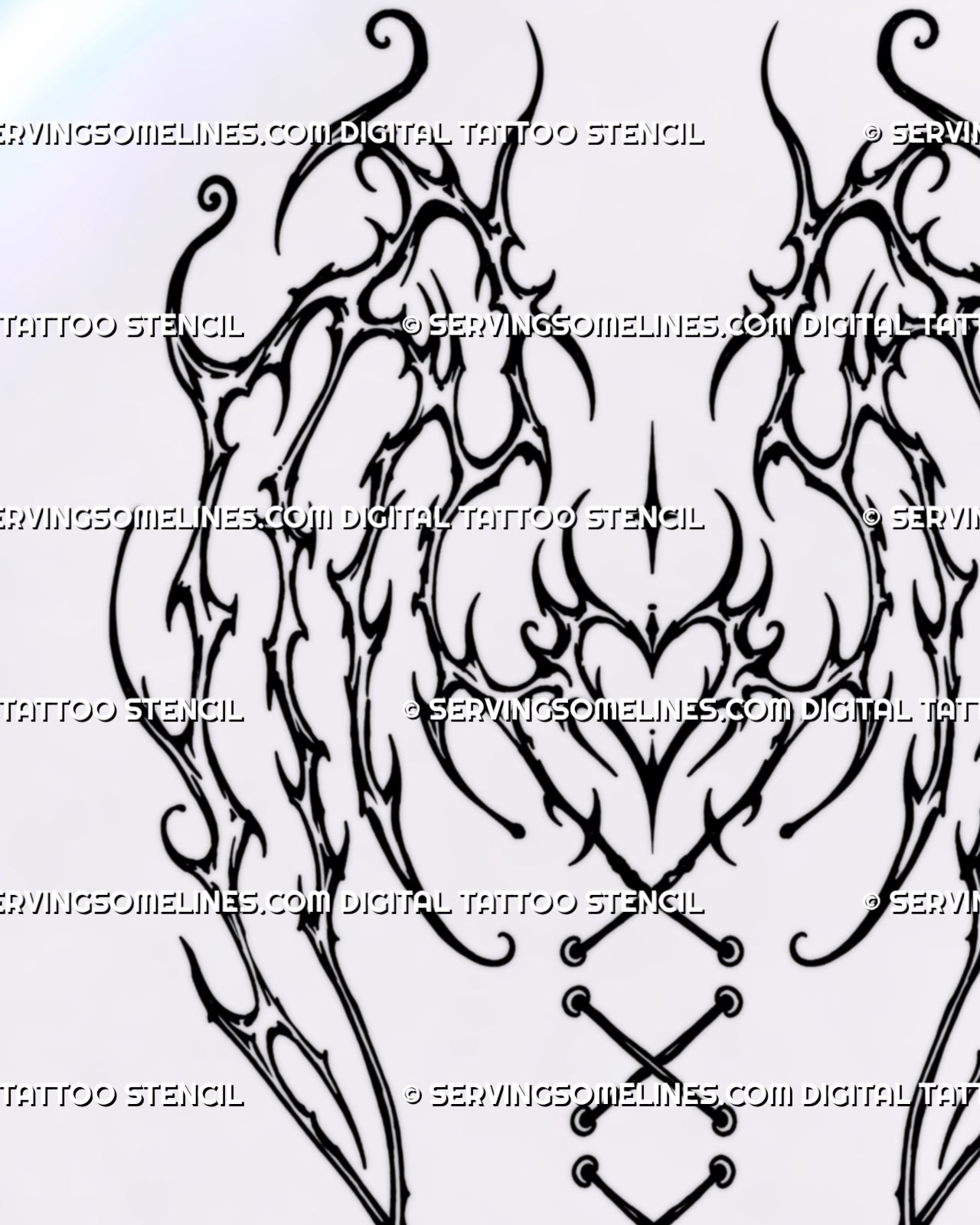 Close-up of gothic thorn wing tattoo details with stacked heart center, branch-like hooked wing curves, pointed tips, and dark feminine ornamental linework