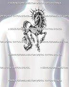 Gothic unicorn skeleton tattoo stencil shown on upper back with full bone structure, horned skull, raised legs, flowing mane and tail, and spiked halo