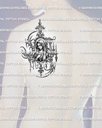 Gothic Virgin Mary tattoo shown on mens shoulder placement, with veiled portrait, rosary chain, and sacred frame detail.