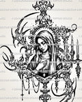 Gothic Virgin Mary tattoo stencil with veiled Mary portrait, rosary chain, candles, crescent frame, and printable design file. 