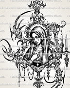 Gothic Virgin Mary tattoo stencil with veiled Mary portrait, rosary chain, candles, crescent frame, and printable design file. 