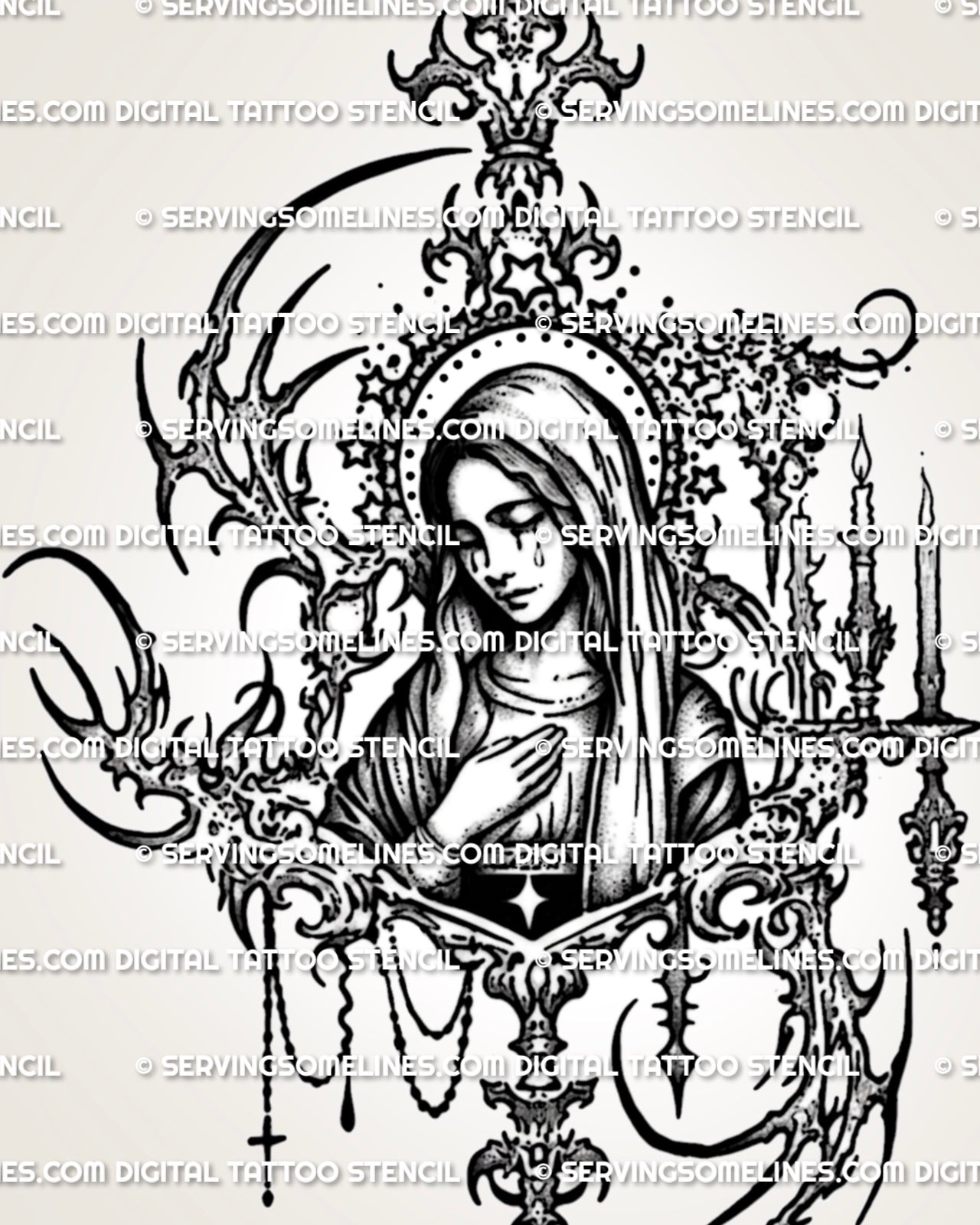 Gothic Virgin Mary tattoo stencil with veiled Mary portrait, rosary chain, candles, crescent frame, and printable design file. 