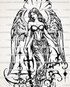 Gothic warrior angel tattoo stencil with sword, shaded wing texture, sacred figure shape, and dark ornamental lower detail.