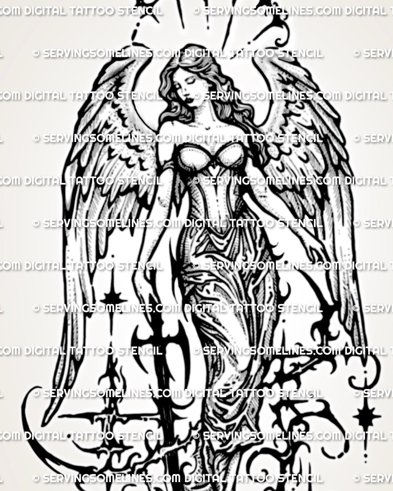 Gothic warrior angel tattoo stencil with sword, shaded wing texture, sacred figure shape, and dark ornamental lower detail.