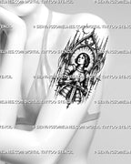 Gothic warrior tattoo stencil shown on women’s upper arm with female knight portrait, sword, medieval armor, cathedral arch, and halo ray detail