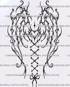 Gothic wings back tattoo stencil for women with mirrored thorn-like fantasy wings, stacked hearts, four-point star, lace-up spine ribbon, and bow