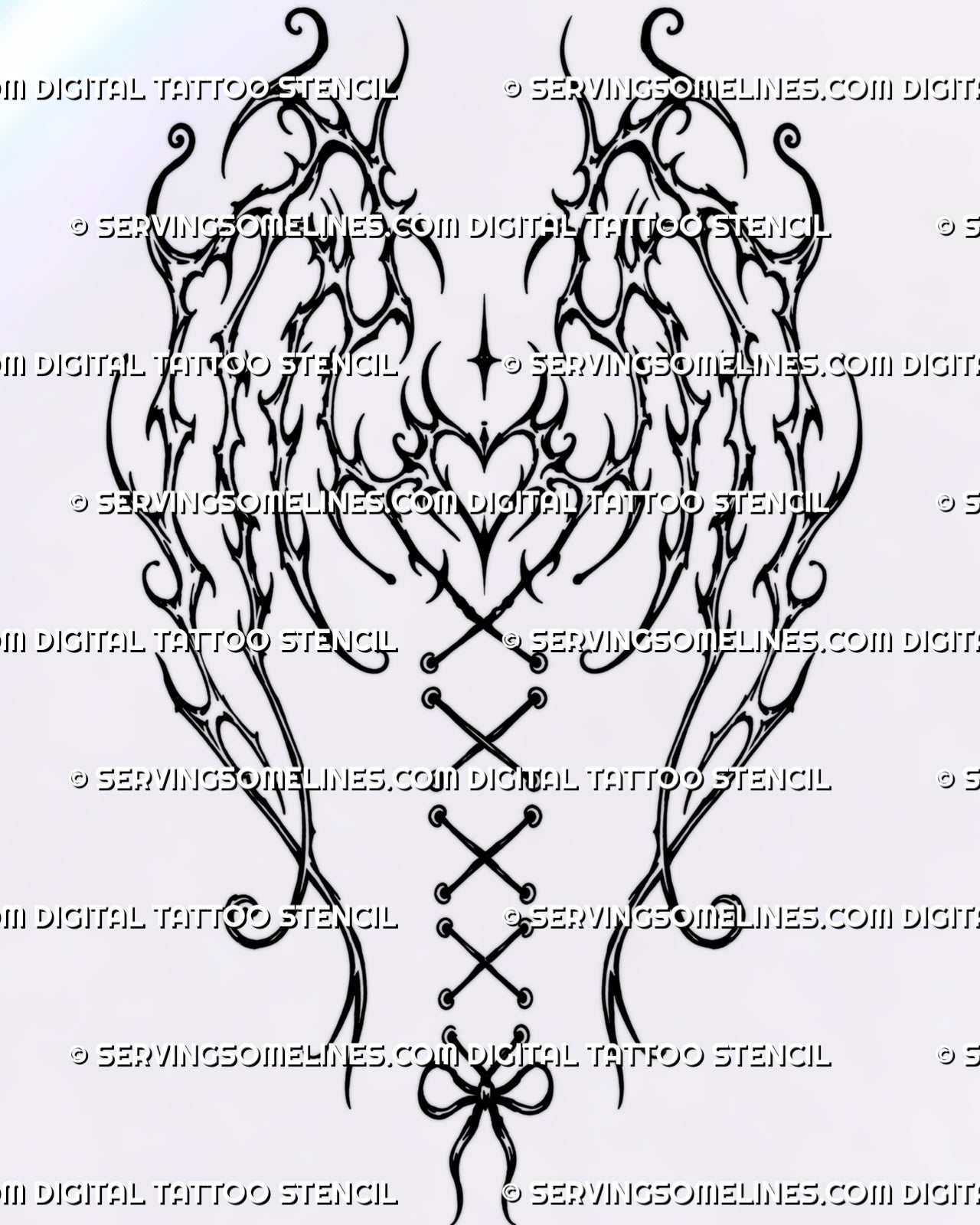 Gothic wings back tattoo stencil for women with mirrored thorn-like fantasy wings, stacked hearts, four-point star, lace-up spine ribbon, and bow