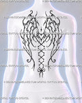 Gothic wings tattoo shown across a woman’s upper-to-mid back with thorn-like fantasy wings, stacked hearts, lace-up spine ribbon, bow, and witchy details