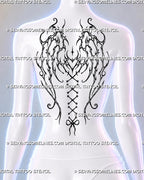Gothic wings tattoo shown across a woman’s upper-to-mid back with thorn-like fantasy wings, stacked hearts, lace-up spine ribbon, bow, and witchy details