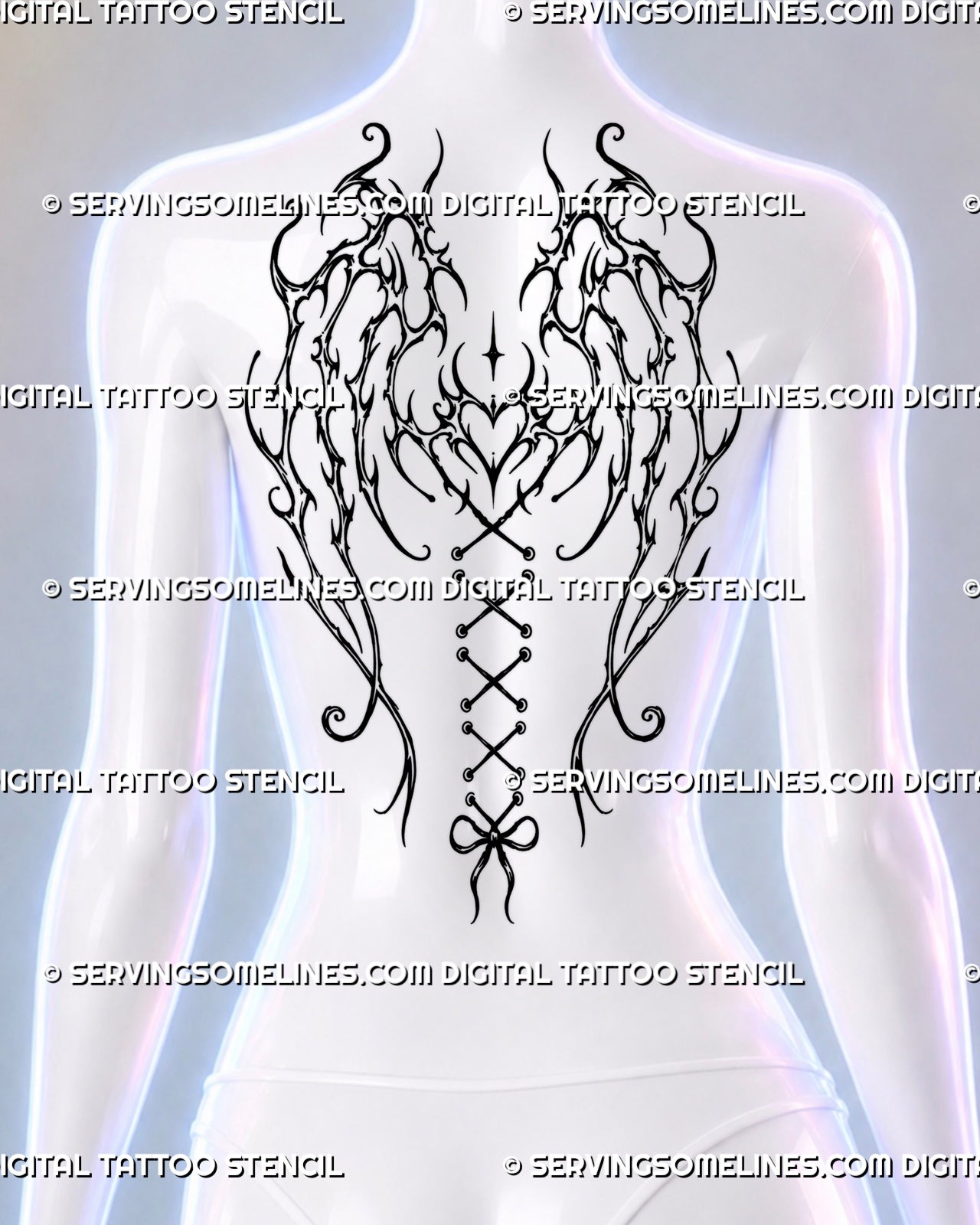 Gothic wings tattoo shown across a woman’s upper-to-mid back with thorn-like fantasy wings, stacked hearts, lace-up spine ribbon, bow, and witchy details