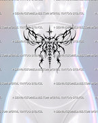 Neotribal wings tattoo shown across the sternum and stomach, with hooked blackwork, star accents and a segmented center extending down the abdomen.