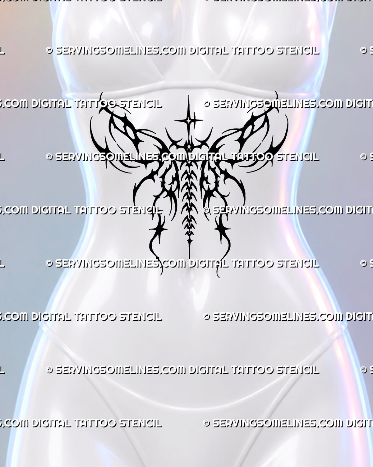 Neotribal wings tattoo shown across the sternum and stomach, with hooked blackwork, star accents and a segmented center extending down the abdomen.