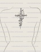 Thorny gothic cross tattoo stencil at upper back and nape, spiky cybersigilism details creating an ethereal protective symbol.