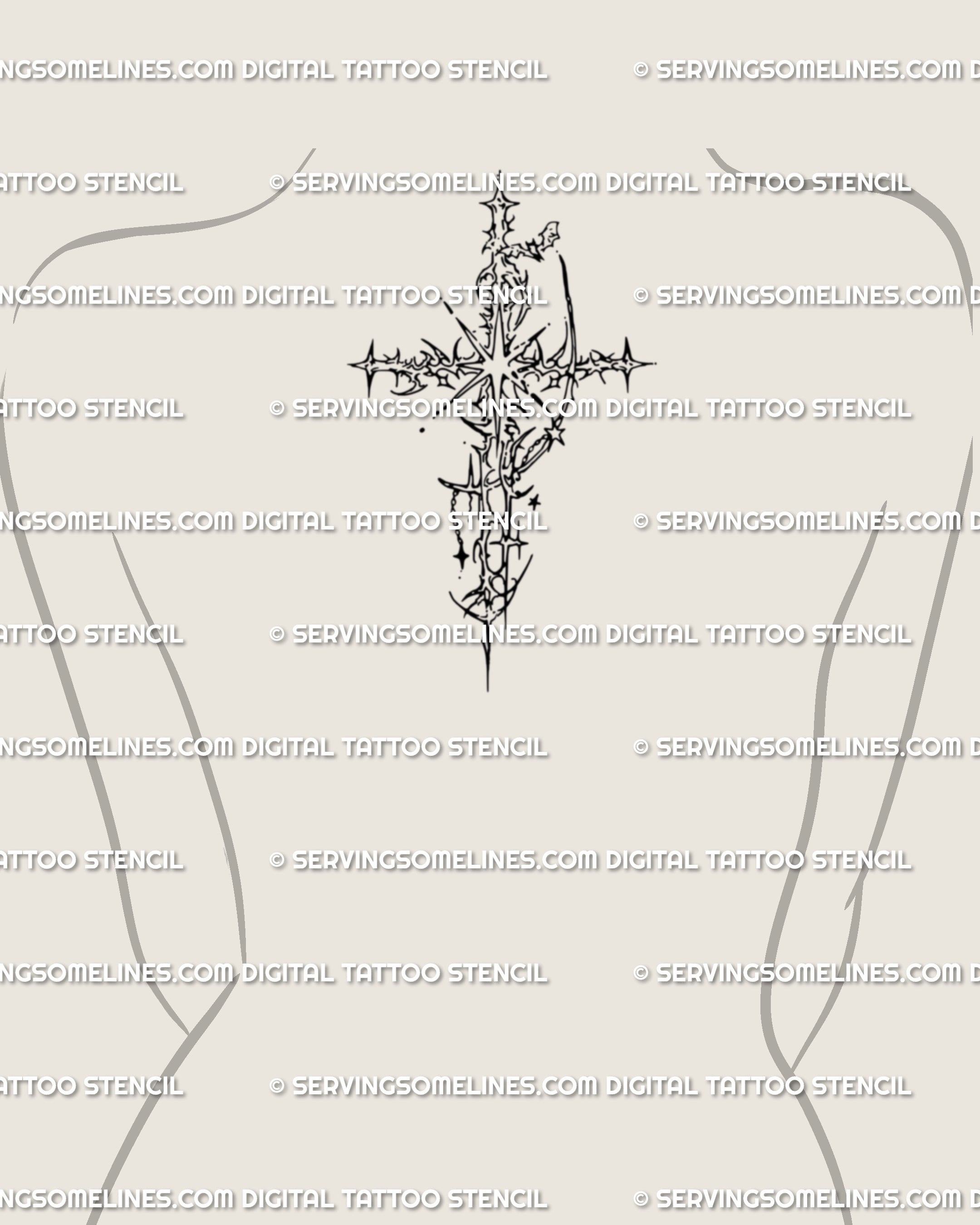 Thorny gothic cross tattoo stencil at upper back and nape, spiky cybersigilism details creating an ethereal protective symbol.