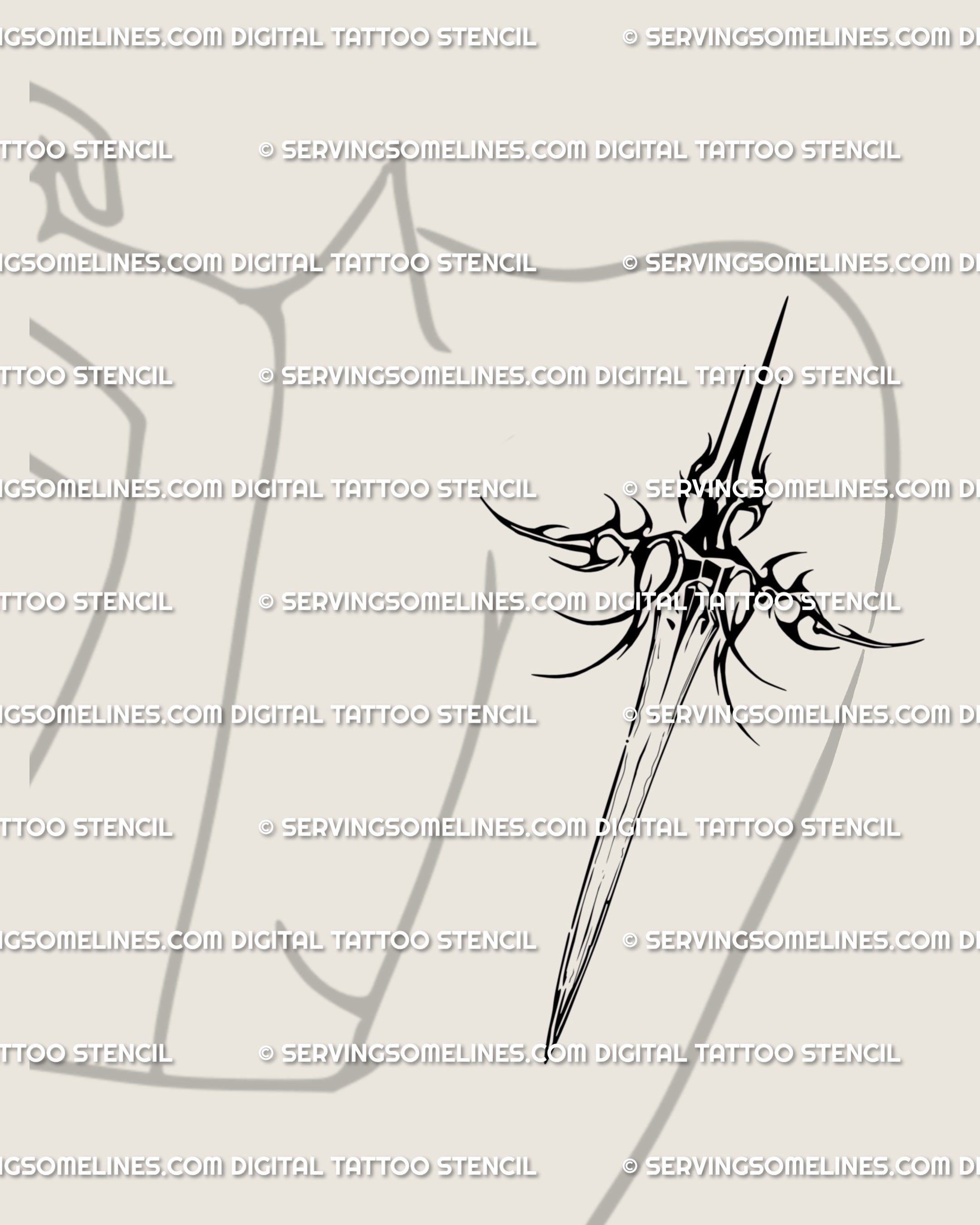 Gothic cyber tribal sword tattoo on the upper arm; compact proportions for bicep or triceps placements, bold black lines with airy spacing, designed to age cleanly.