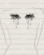 Upper-back placement, gothic teardrop tattoo idea with paired anime eyes and falling tears aligned along the spine for a clean, celestial statement.