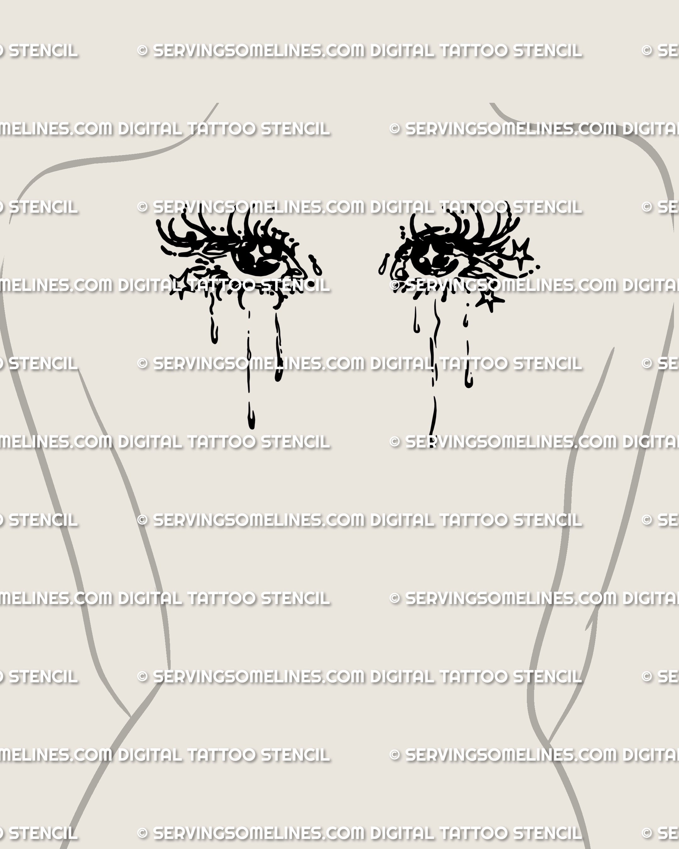 Upper-back placement, gothic teardrop tattoo idea with paired anime eyes and falling tears aligned along the spine for a clean, celestial statement.