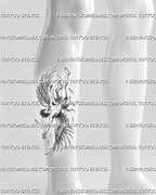 Greek mythology tattoo stencil shown on calf, with Icarus falling pose, large wings, loose cloth, and scattered feather details.
