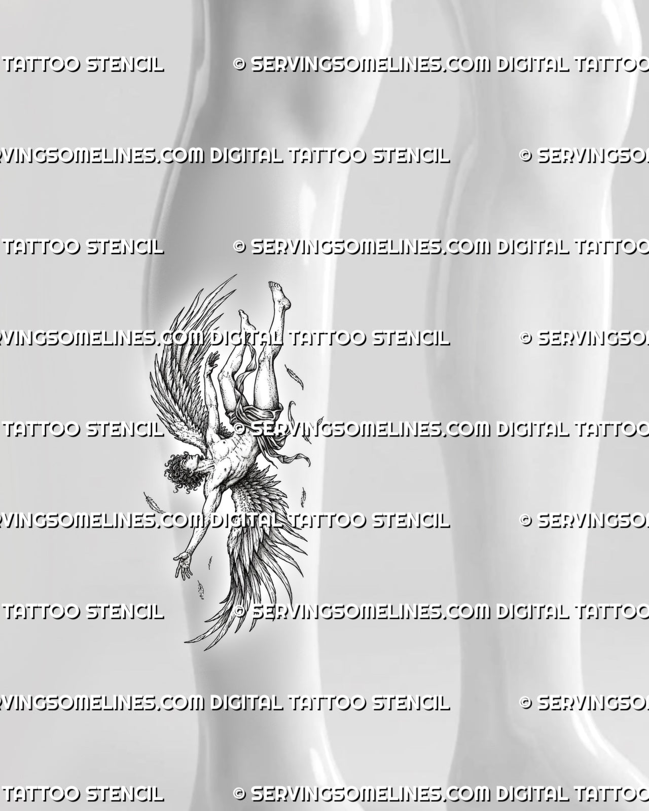 Greek mythology tattoo stencil shown on calf, with Icarus falling pose, large wings, loose cloth, and scattered feather details.