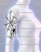 Grunge spider tattoo shown on a woman’s upper arm with a thorny irregular web, black spider, hooked linework, starbursts, and Y2K alternative styling