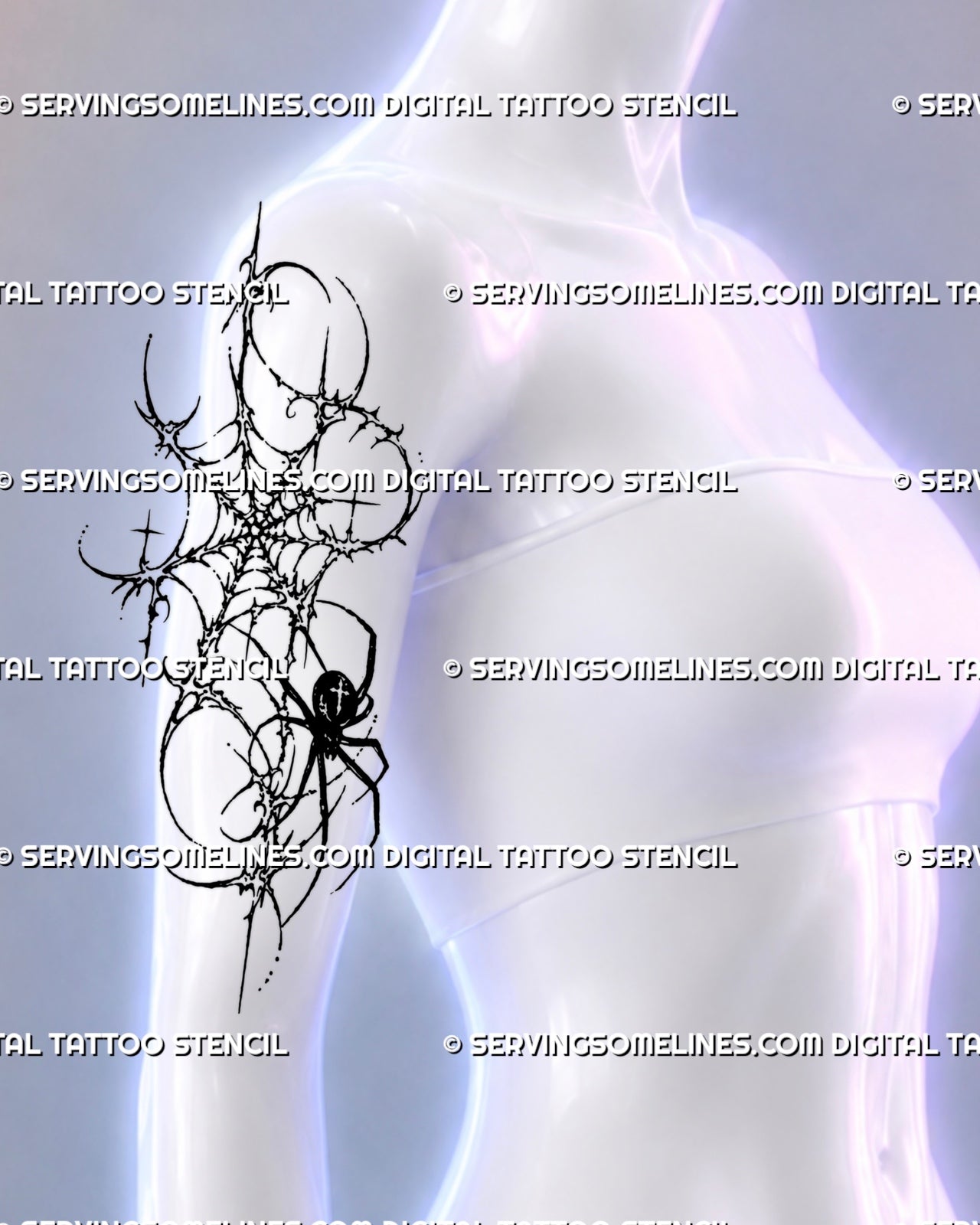 Grunge spider tattoo shown on a woman’s upper arm with a thorny irregular web, black spider, hooked linework, starbursts, and Y2K alternative styling