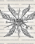Guardian angel eye tattoo stencil with hidden eye, six wings, star details, heart charm, and clean winged line art.