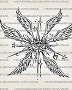 Guardian angel eye tattoo stencil with hidden eye, six wings, star details, heart charm, and clean winged line art.